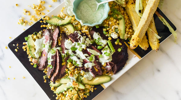 Grilled Flank Steak, Charred Corn, and Avocado with Simple Herb Sauce Recipe