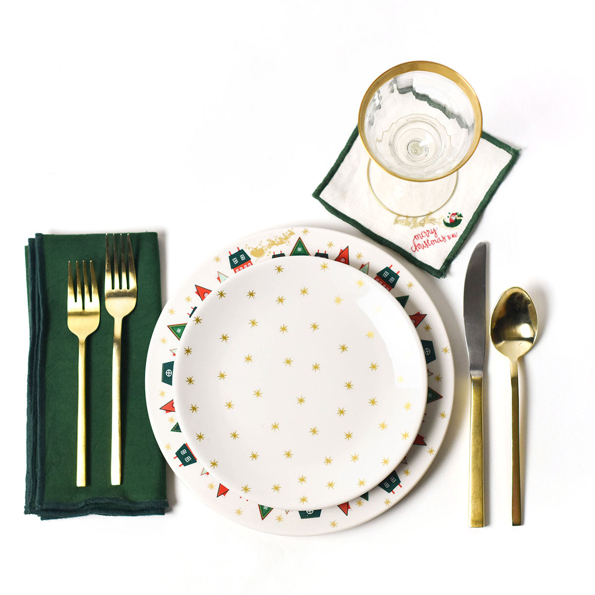 Overhead View of Stylish Individual Place Setting using a Mixture of Holiday Designs from Coton Colors Christmas Collections