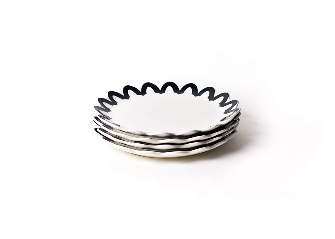 Front View of Neatly Stacked Black Arabesque Trim Scallop Dinner Plate Set of 4 Showcasing Repeating Pattern around Edge