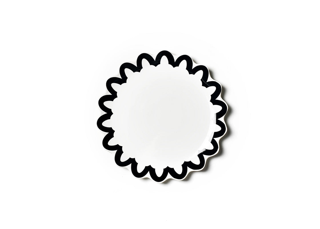Overhead View of Black Arabesque Trim Scallop Dinner Plate with Repeating Design on Rim