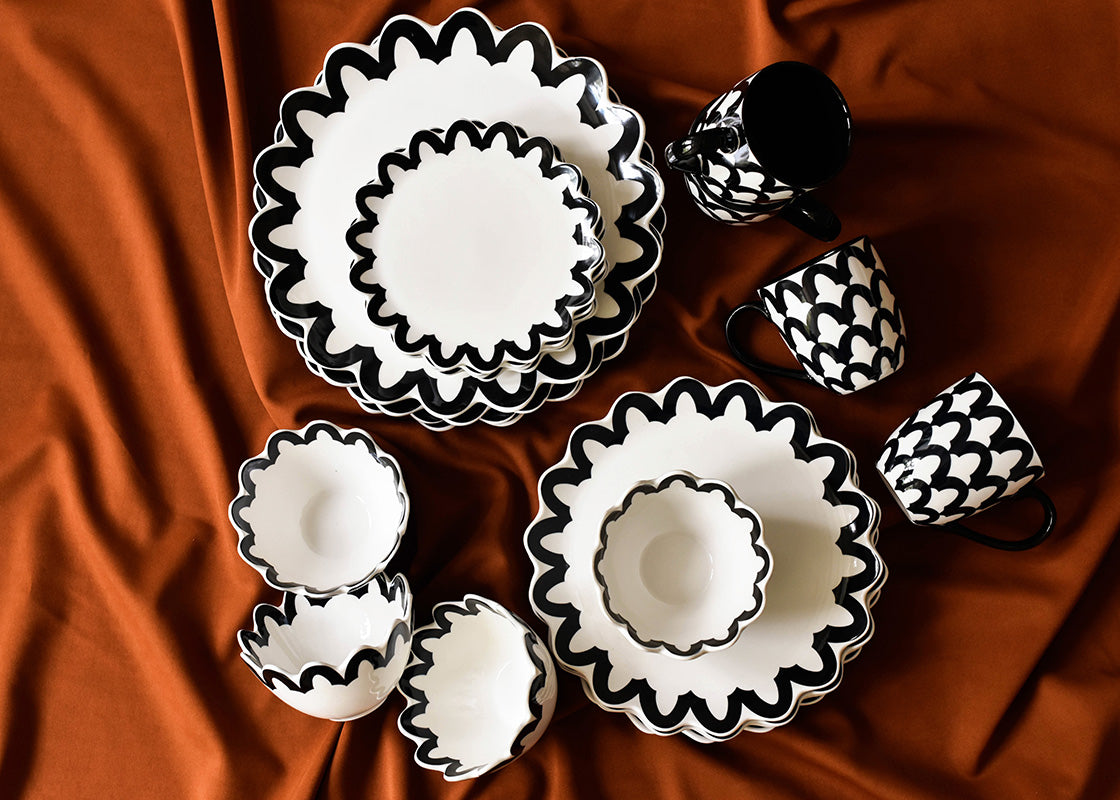 Overhead View of Black Arabesque Scallop Dinnerware 12 Piece Set