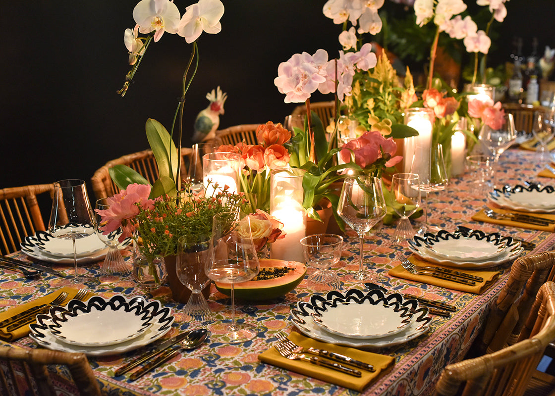Cropped Close up of Beautiful Tablescape including Black Arabesque Scallop Dinnerware 12 Piece Set