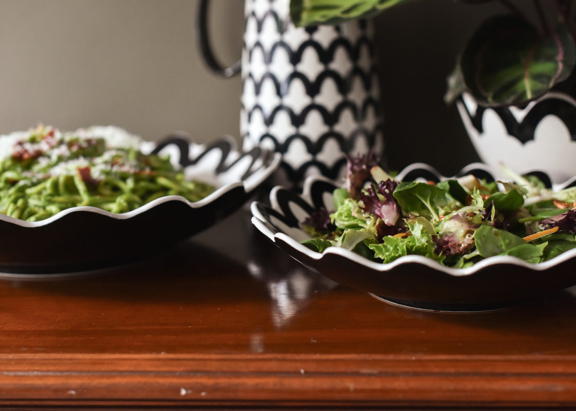 Front View of Black Arabesque Pasta Bowls Including Black Arabesque Scallop 14in Pasta Bowl