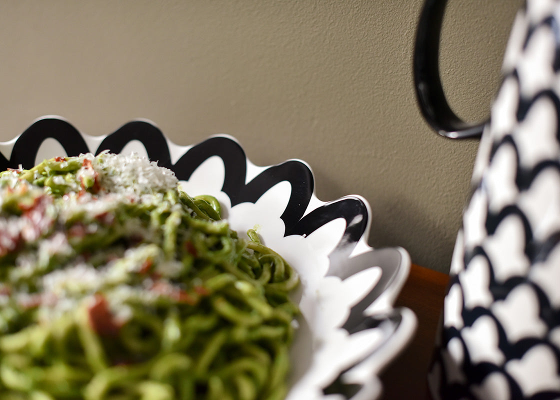 Extreme Cropped Close up of Black Arabesque Scallop 14in Pasta Bowl Serving Pesto Pasta