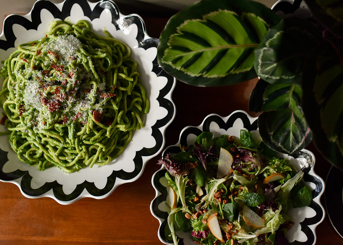 Overhead View of Crew Pasta Bowls Including Black Arabesque Scallop 14in Pasta Bowl
