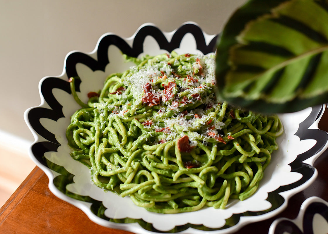 Cropped Close up of Black Arabesque Scallop 14in Pasta Bowl Serving Pesto Pasta