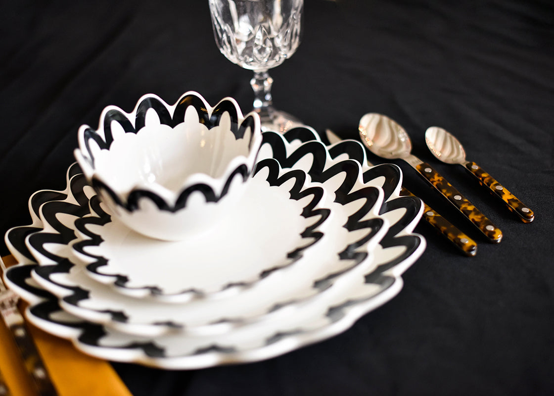 Front View of Individual Place Setting of Black Arabesque Scallop 4 Piece Place Setting Stacked