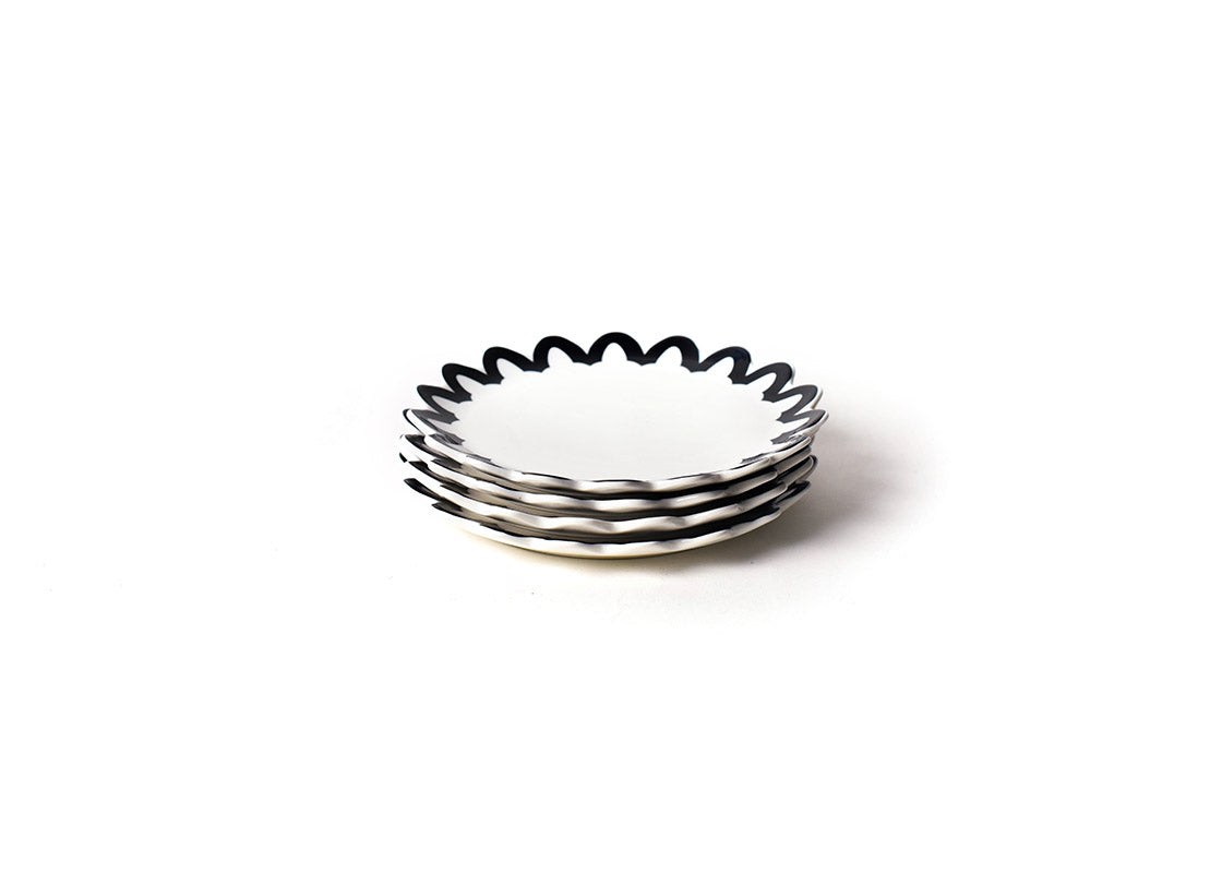 Front View of Neatly Stacked Black Arabesque Trim Scallop Salad Plate Set of 4 Showing all Pieces in Set