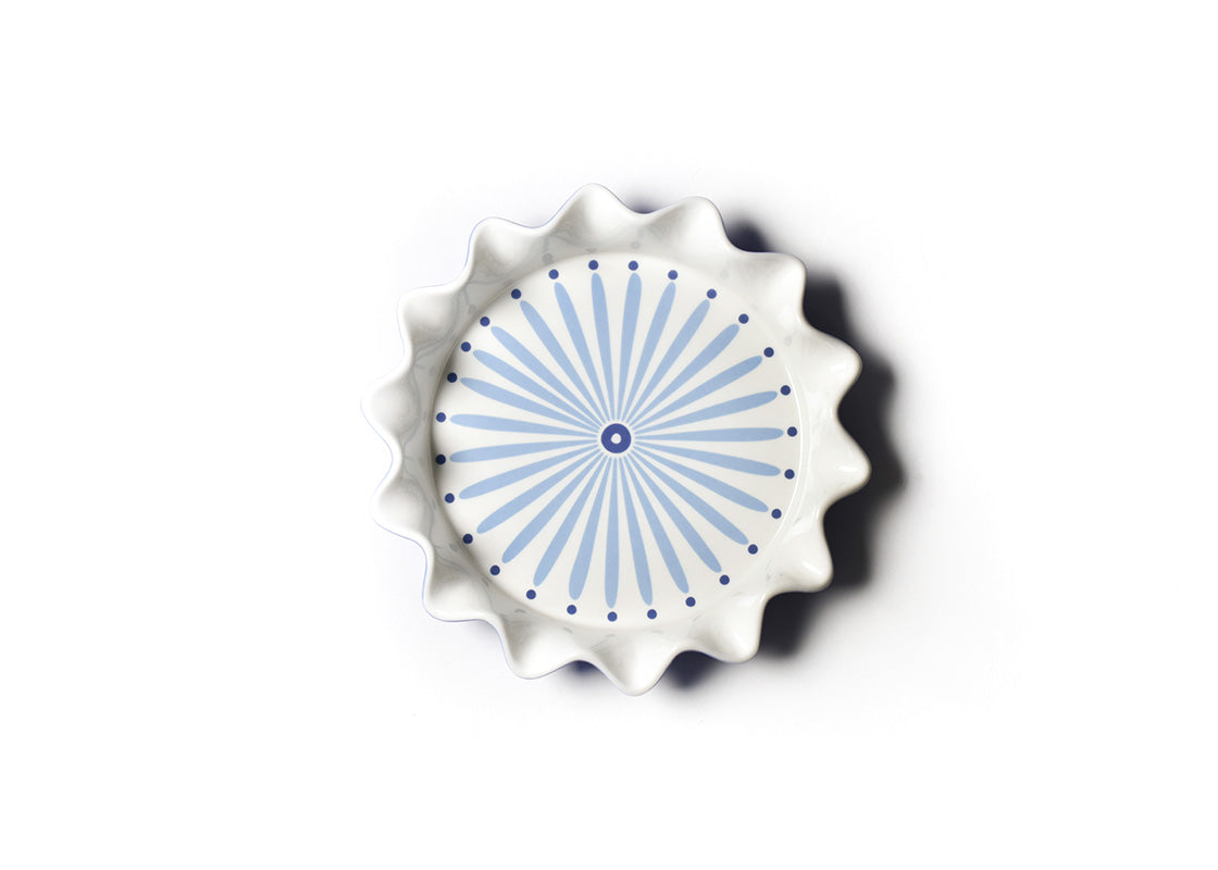 Interior view of Iris Blue Burst 8 Ruffle Pie Dish Showcasing Design Details on Inside