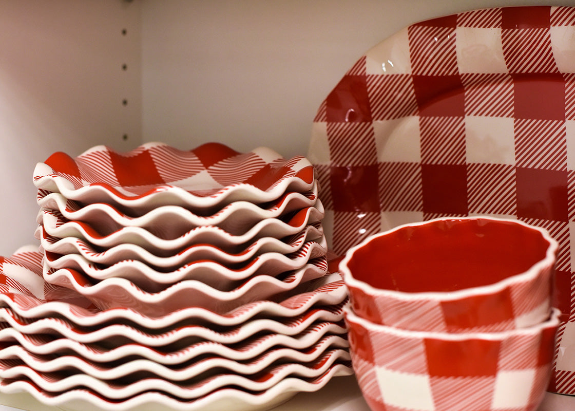 Front View of Stacks of Coordinating Red Check Serveware Including Buffalo Ruffle Salad Plate Set of 4