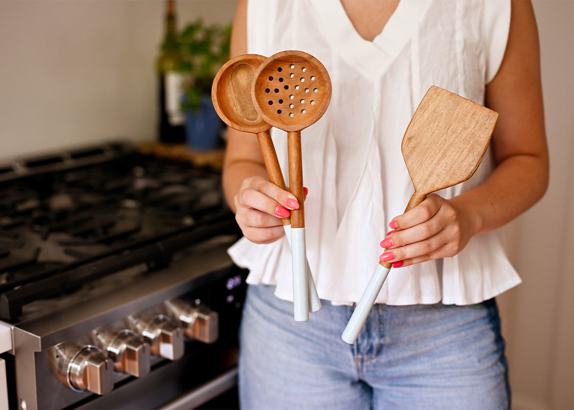 Wooden Slotted Spoon with Straight Smoke Enamel Handle