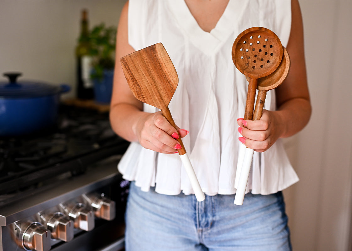 Wooden Slotted Spoon with Straight White Enamel Handle