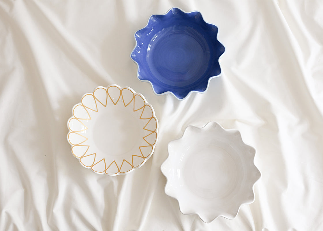 French Blue Color Block Ruffle Entree Bowl