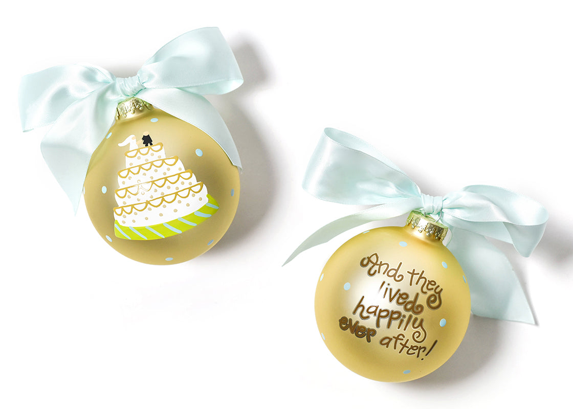 Front and Back View of Wedding Cake Glass Ornament Placed Side by Side