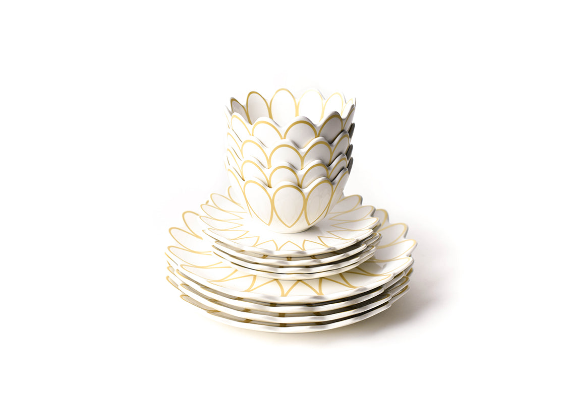 Front View of Neatly Stacked Deco Gold Scallop Dinnerware 12 Piece Set Showing all Pieces in Set