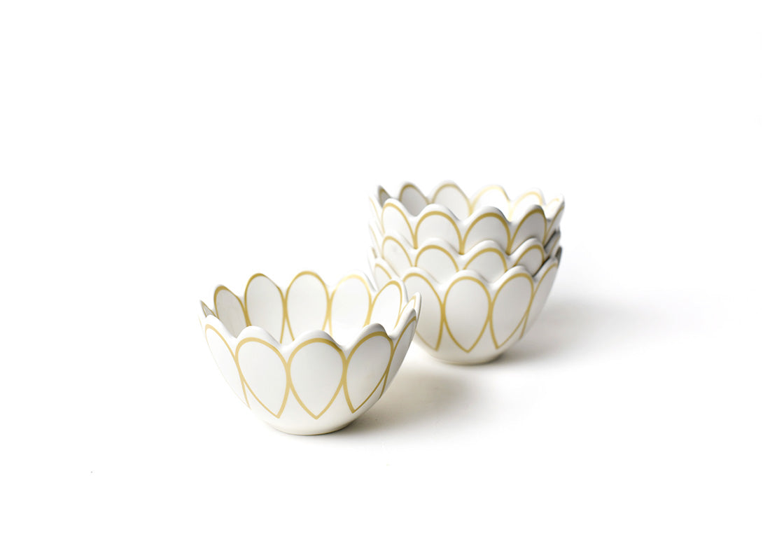 Front View of Stacked Deco Gold Scallop Small Bowl Set of 4 Showcasing Designs on Inside and Outside Edge