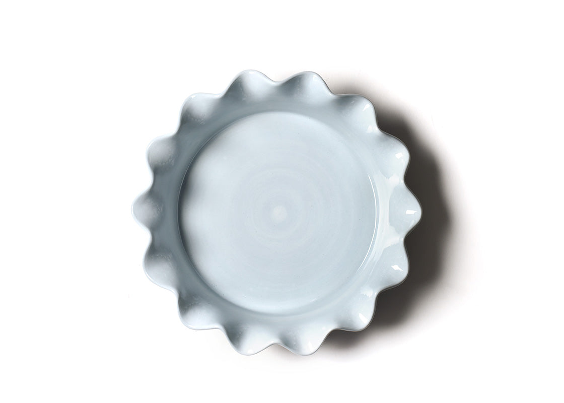 Interior view of Iris Blue Drop 9 Ruffle Pie Dish Showcasing Hand-Painted Design Details on Inside
