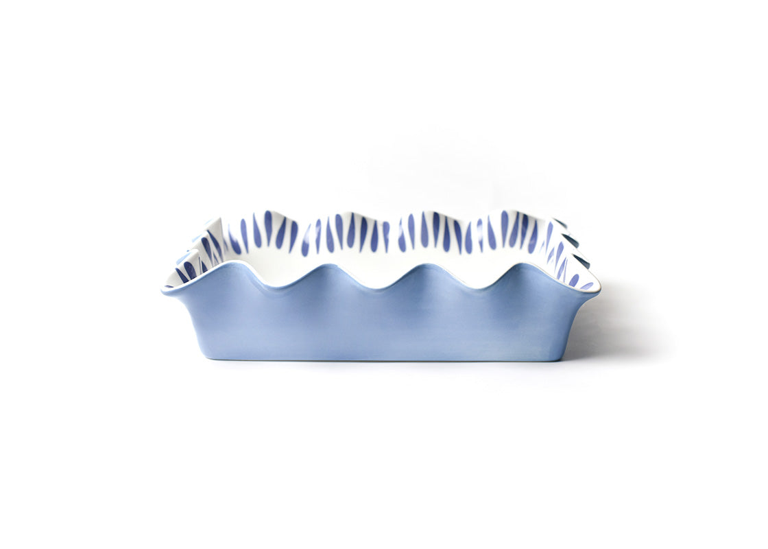Front View of Iris Blue Drop 13 Casserole Showcasing Hand-Painted Colored Outside