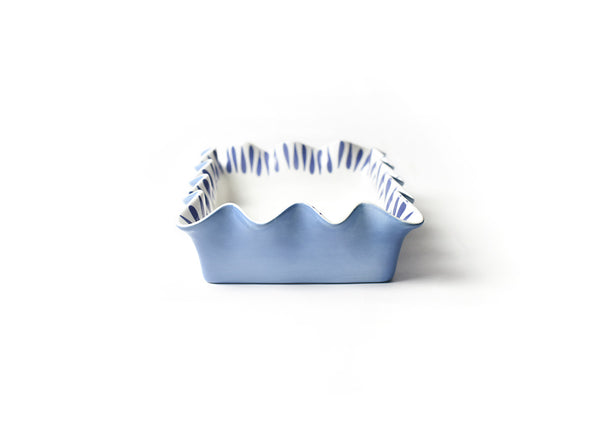 A blue and white square dish, showcasing a close-up of a bowl design. Product: Iris Blue Drop 13 Casserole.