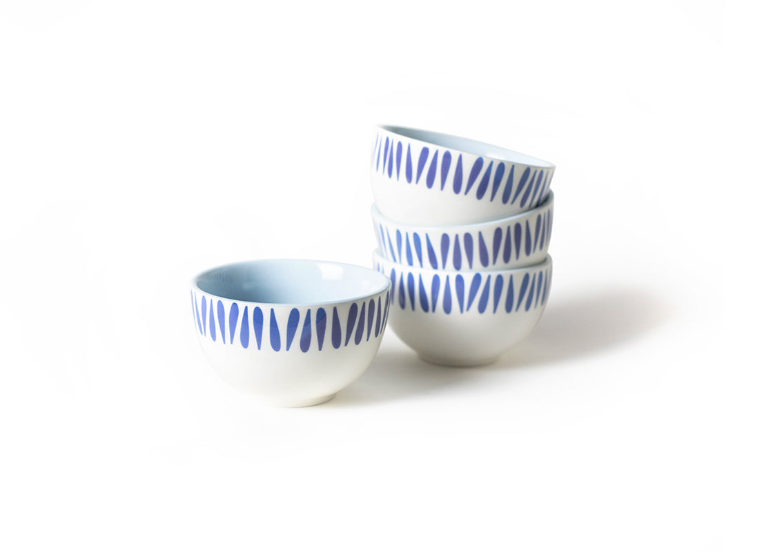 Front View of Stacked Iris Blue Drop Small Bowl Set of 4 Showing all Pieces in Set