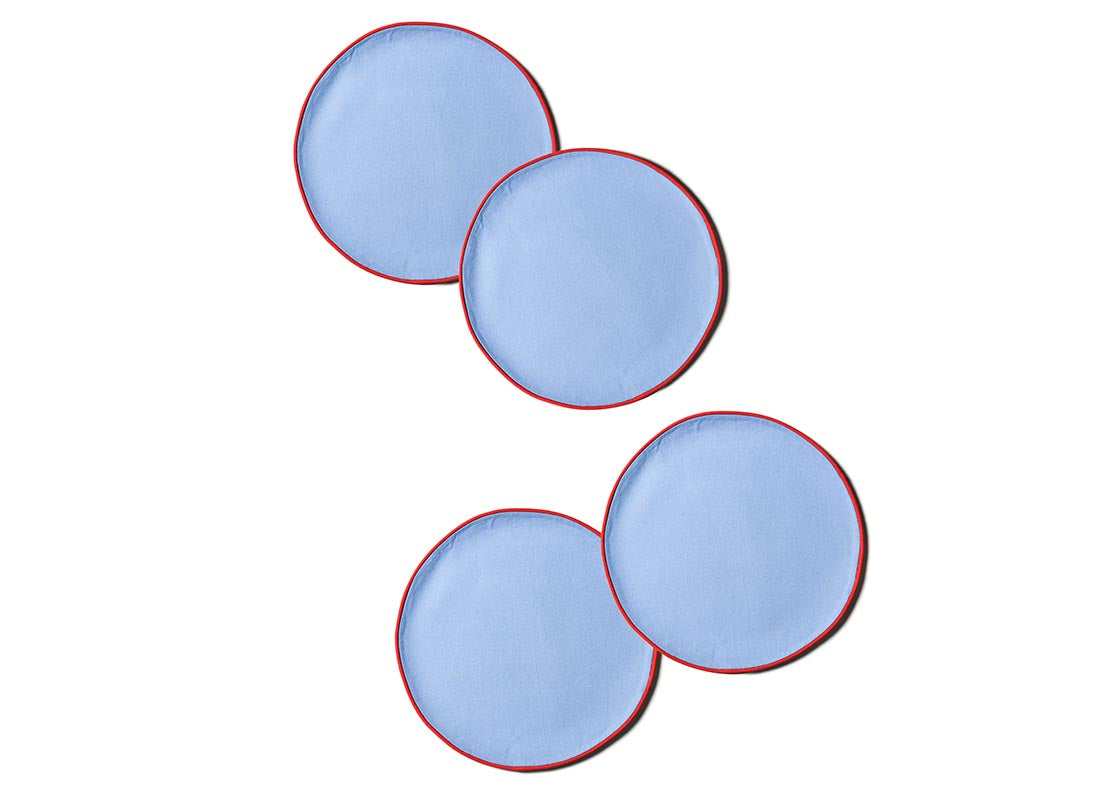 Overhead View of French Blue and Red Color Block Round Placemat Set of 4 Showing all Pieces in Set