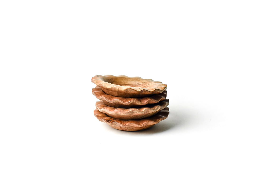 Front View of Neatly Stacked Fundamental Wood Ruffle Small Bowl Set of 4 Showing all Pieces in Set