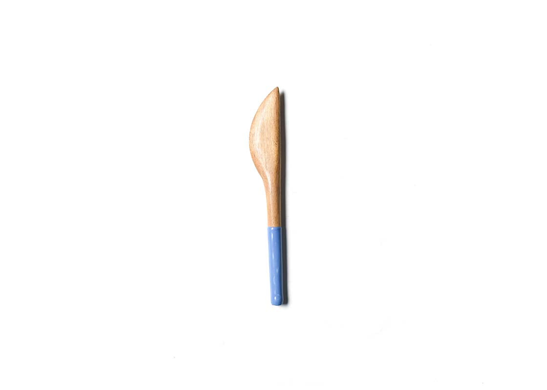 Overhead View of Blue Fundamental Wood Appetizer Spreader Showcasing Colored Handle