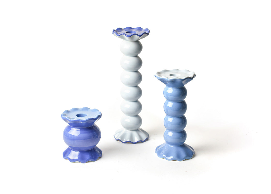 Front View of Iris Blue Knobbed Candle Holder with Ruffle 3 Piece Set Showing all Pieces in Set
