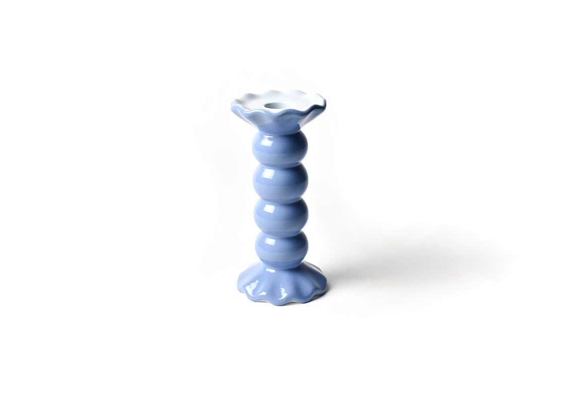Front View of French Blue Medium Ruffle Knobbed Candle Holder Showcasing Hand-Painting on Outside