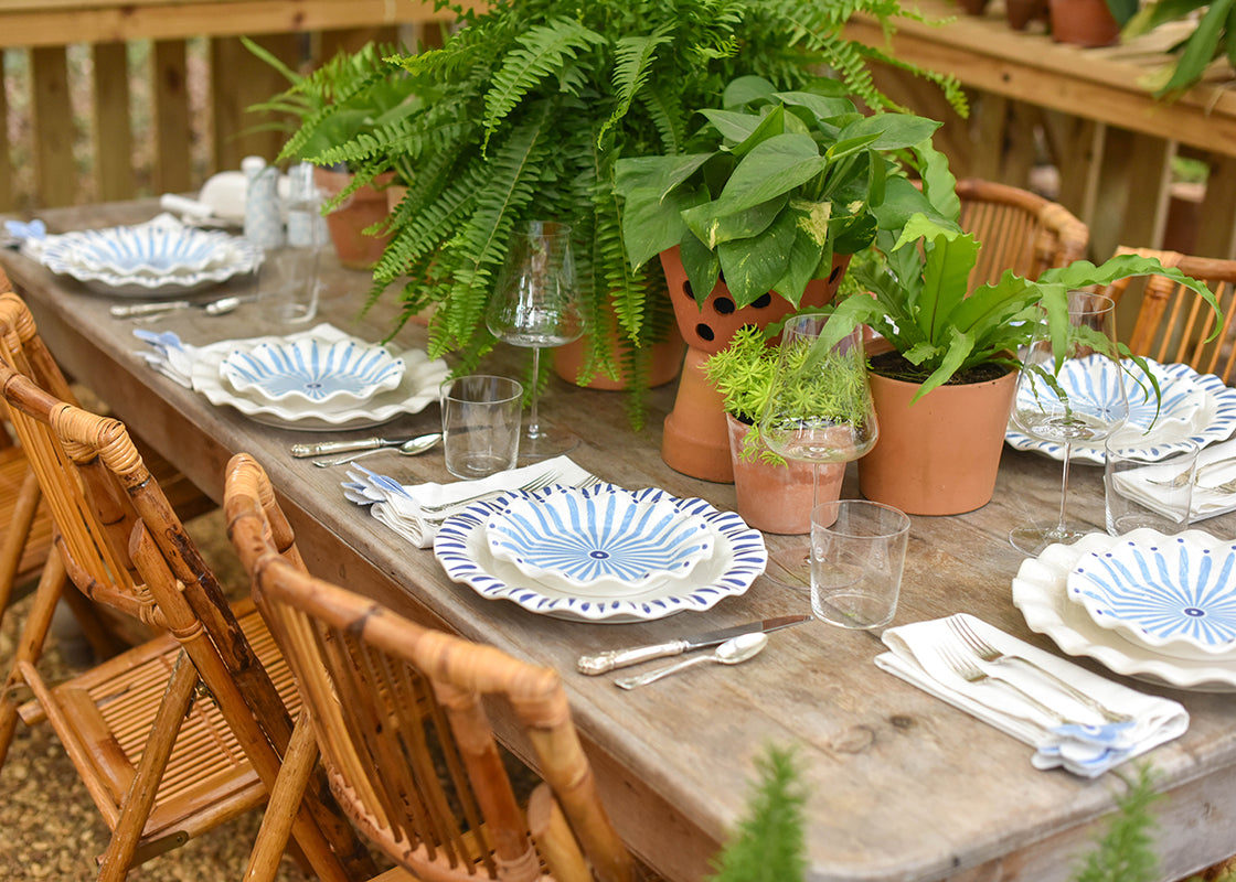 Front View of Tablescape including pieces from Iris Blue Dinnerware 12 Piece Set