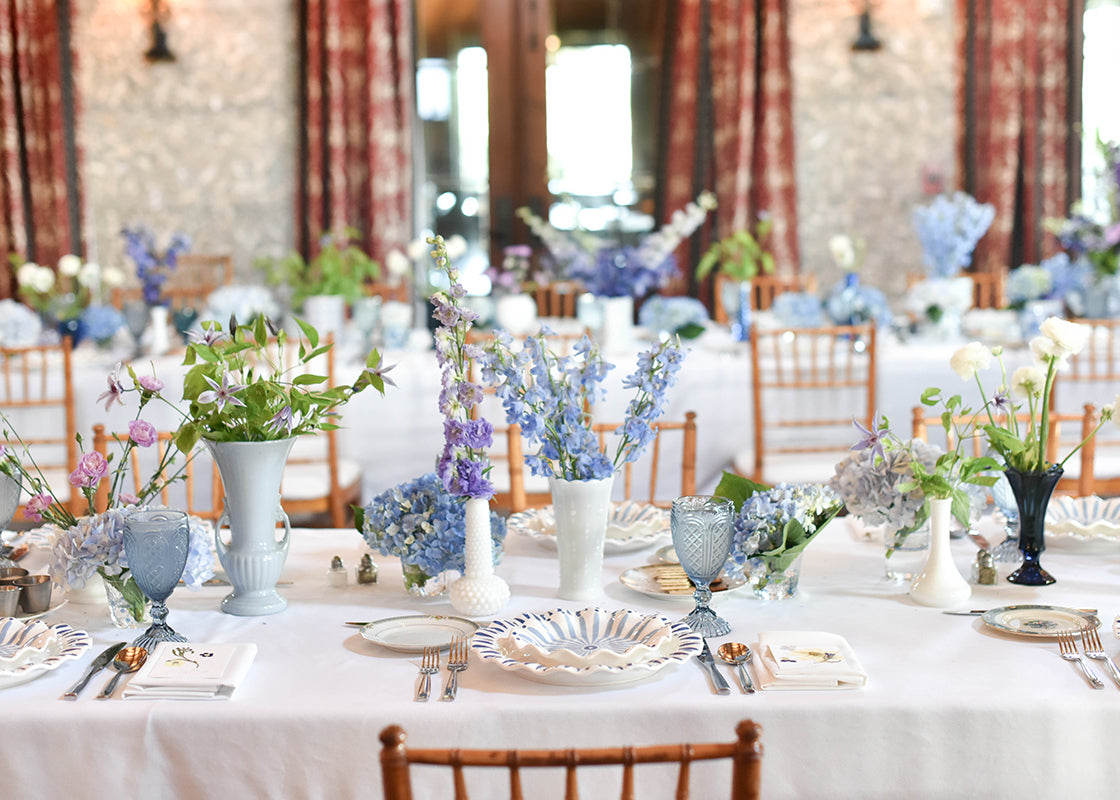 Front View of Beautiful Tablescape Including Iris Blue Dinnerware 12 Piece Set