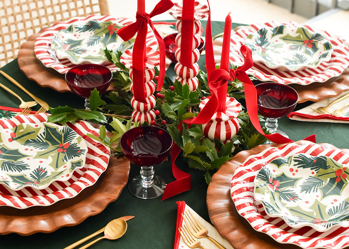 Red Stripe Small Ruffle Knob Candle Holder Set of 2