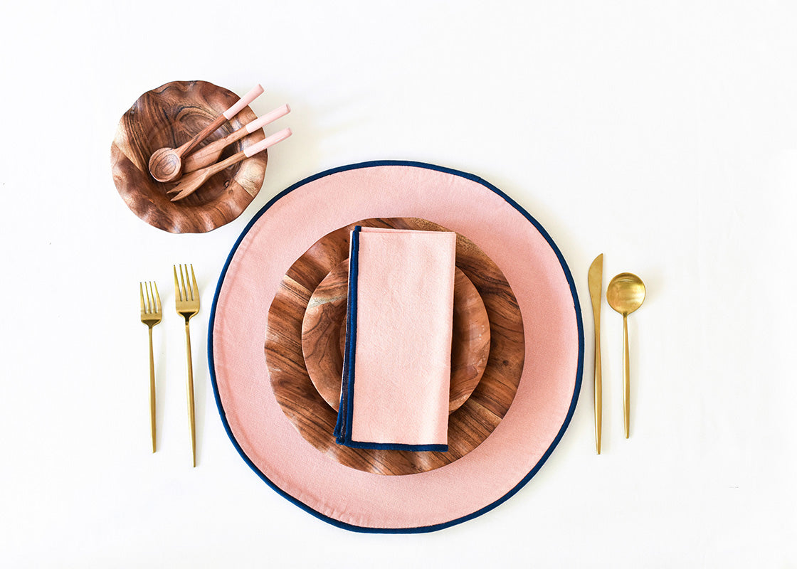 Overhead View of Individual Place Setting Set on Provence and Navy Color Block Round Placemat