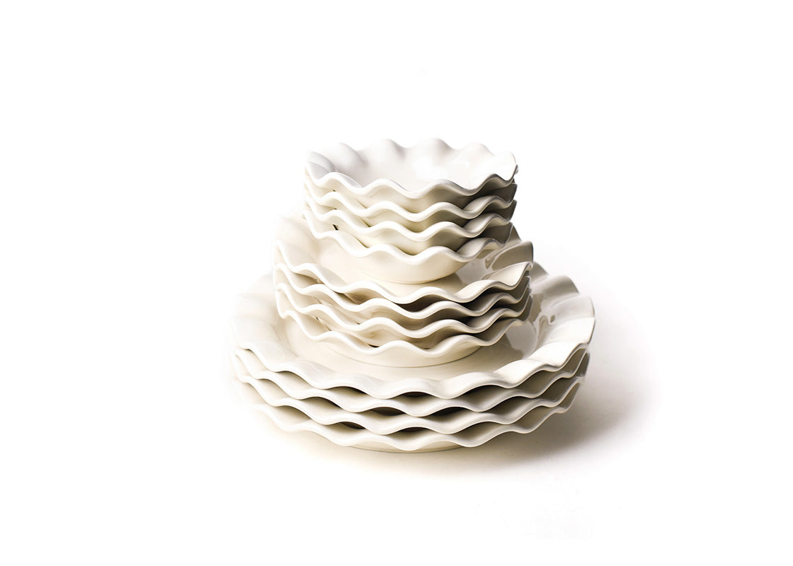 Front View of Neatly Stacked Signature White Dinnerware 12 Piece Set Showing all Pieces in Set