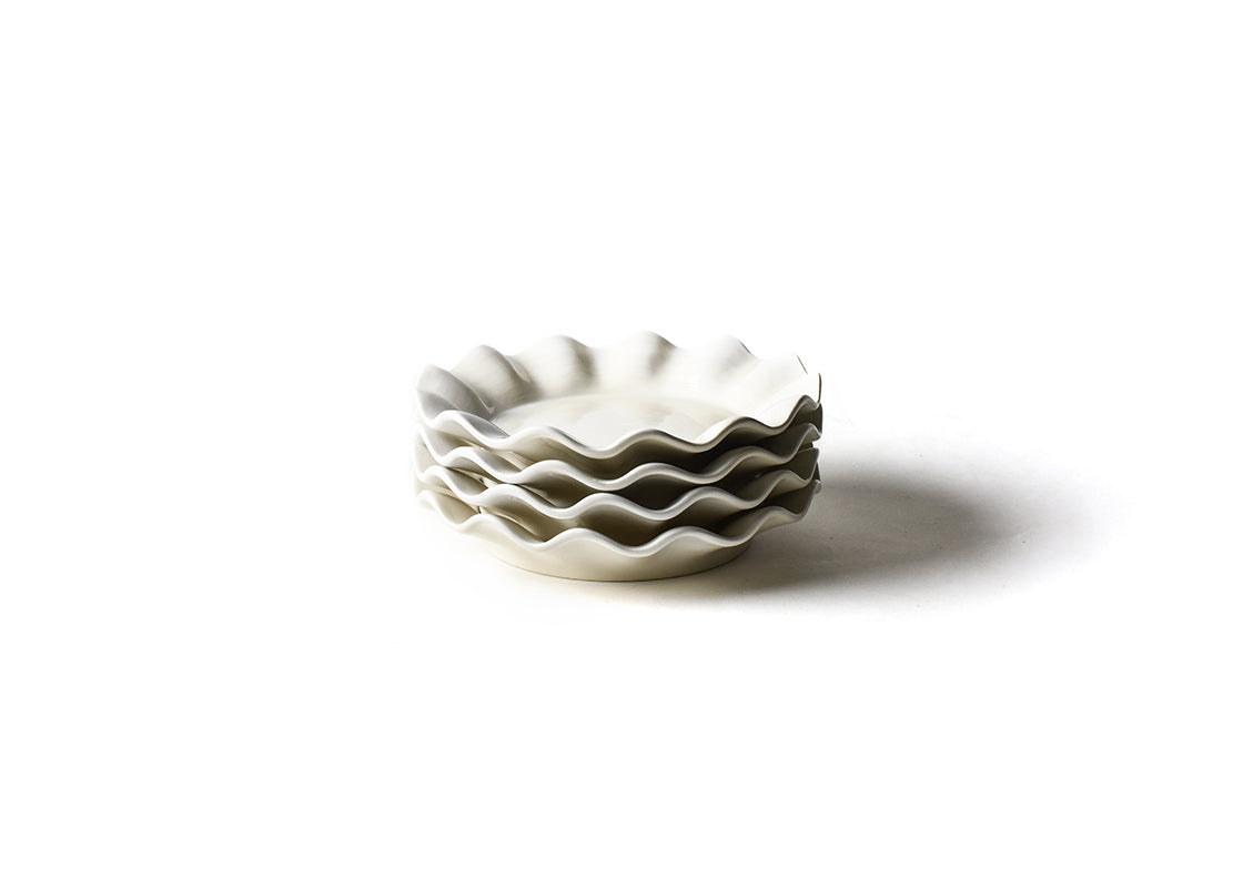 Front View of Neatly Stacked Handcrafted Signature White Ruffle Salad Plate Set of 4