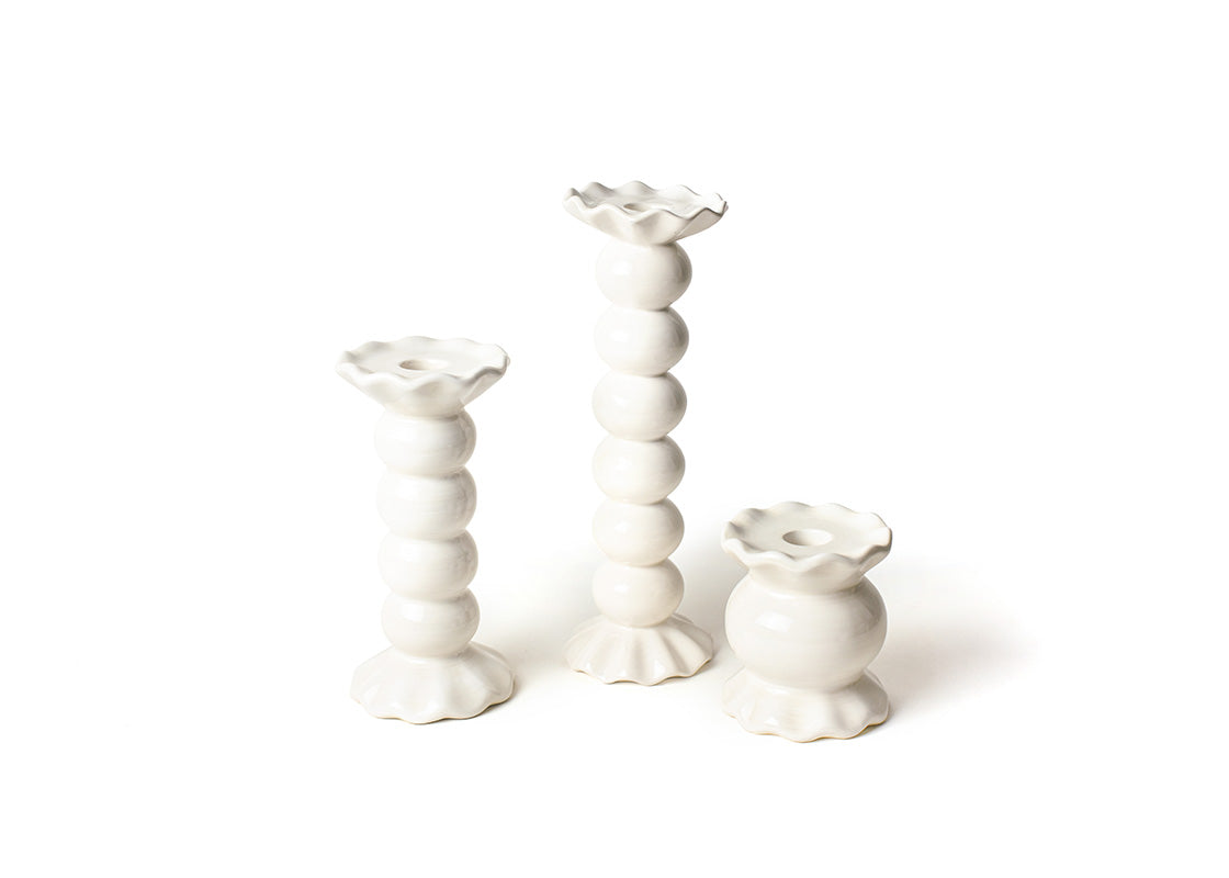 Front View of Signature White Knob Candle Holder with Ruffle 3 Piece Set Showing all Pieces in Set