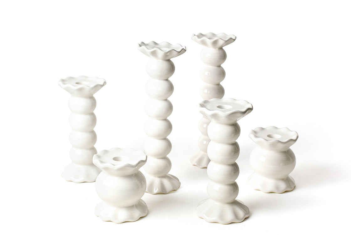 Front View of Signature White Knob Candle Holder with Ruffle 6 Piece Set Showing all Pieces in Set