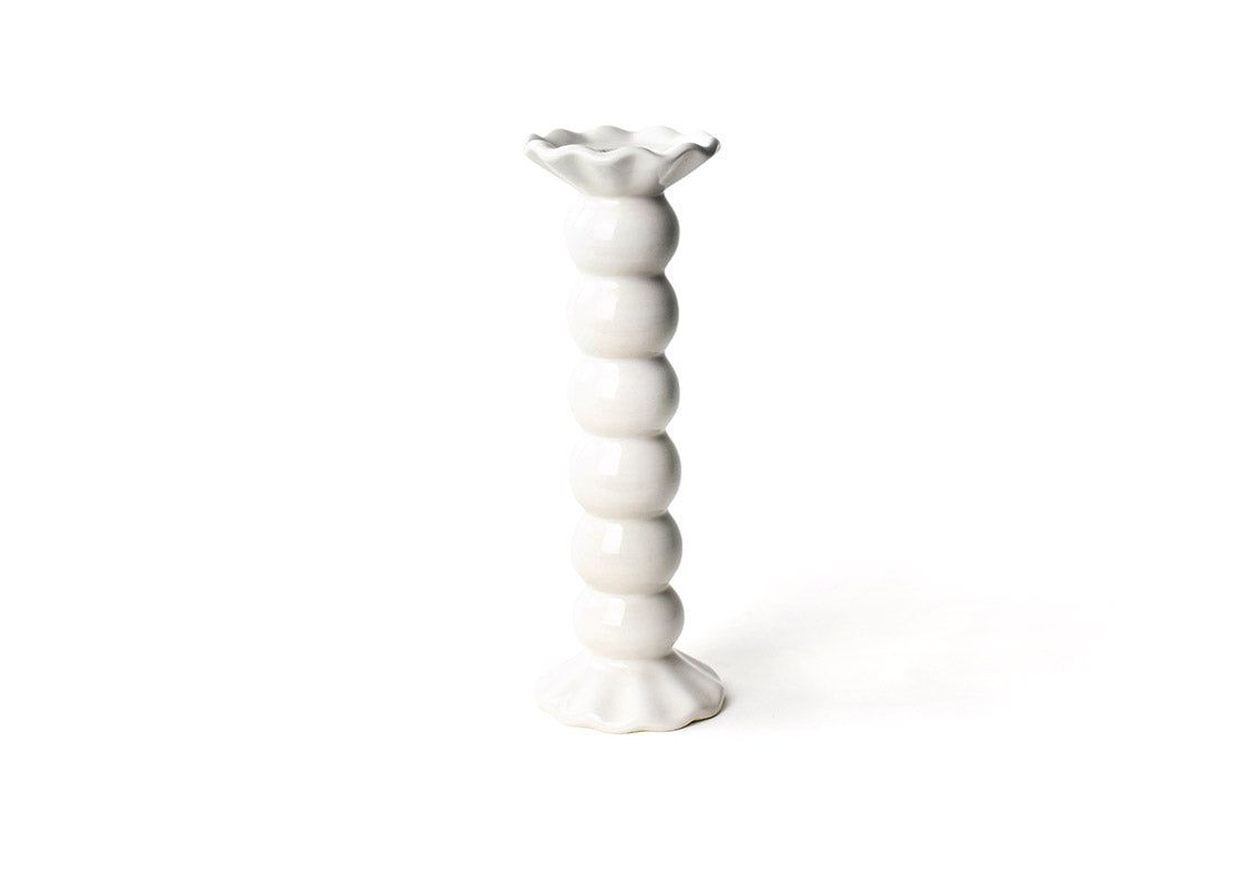 Front View of Signature White Large Ruffle Knobbed Candle Holder Showcasing Hand-Painting on Outside