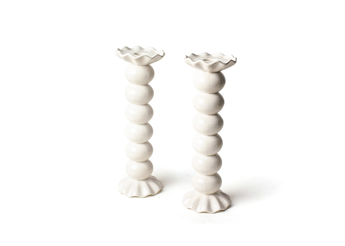 Front View of Signature White Large Knobbed Candle Holder with Ruffle Set of 2 Showing all Pieces in Set