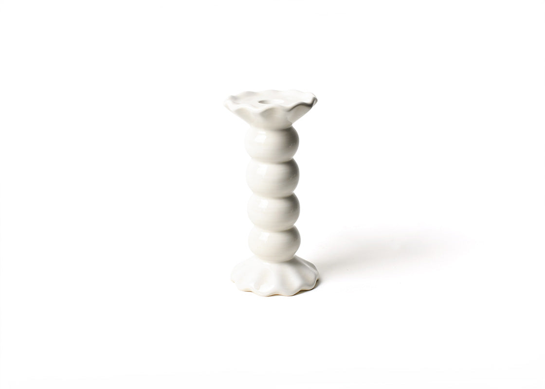 Front View of Signature White Medium Ruffle Knobbed Candle Holder Showcasing Hand-Painting on Outside