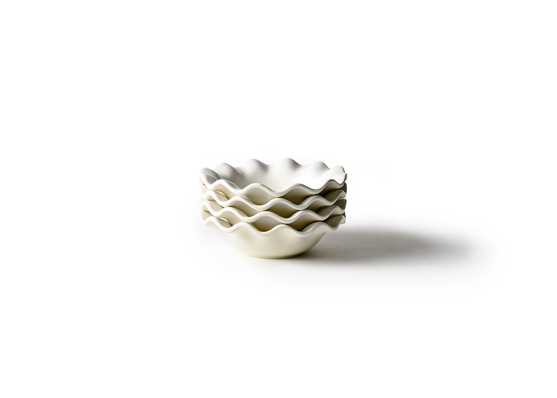 Front View of Neatly Stacked Handcrafted Signature White Ruffle Flare Small Bowl Set of 4 Showcasing Unique Ruffled Edge