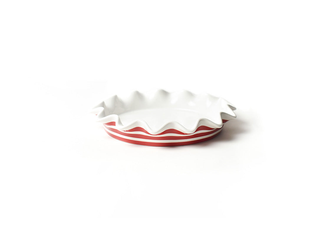 Front View of Red Stripe 8in Ruffle Pie Dish
