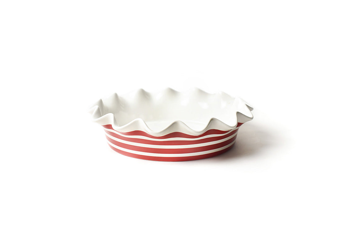 Front View of Red Stripe 9in Ruffle Pie Dish