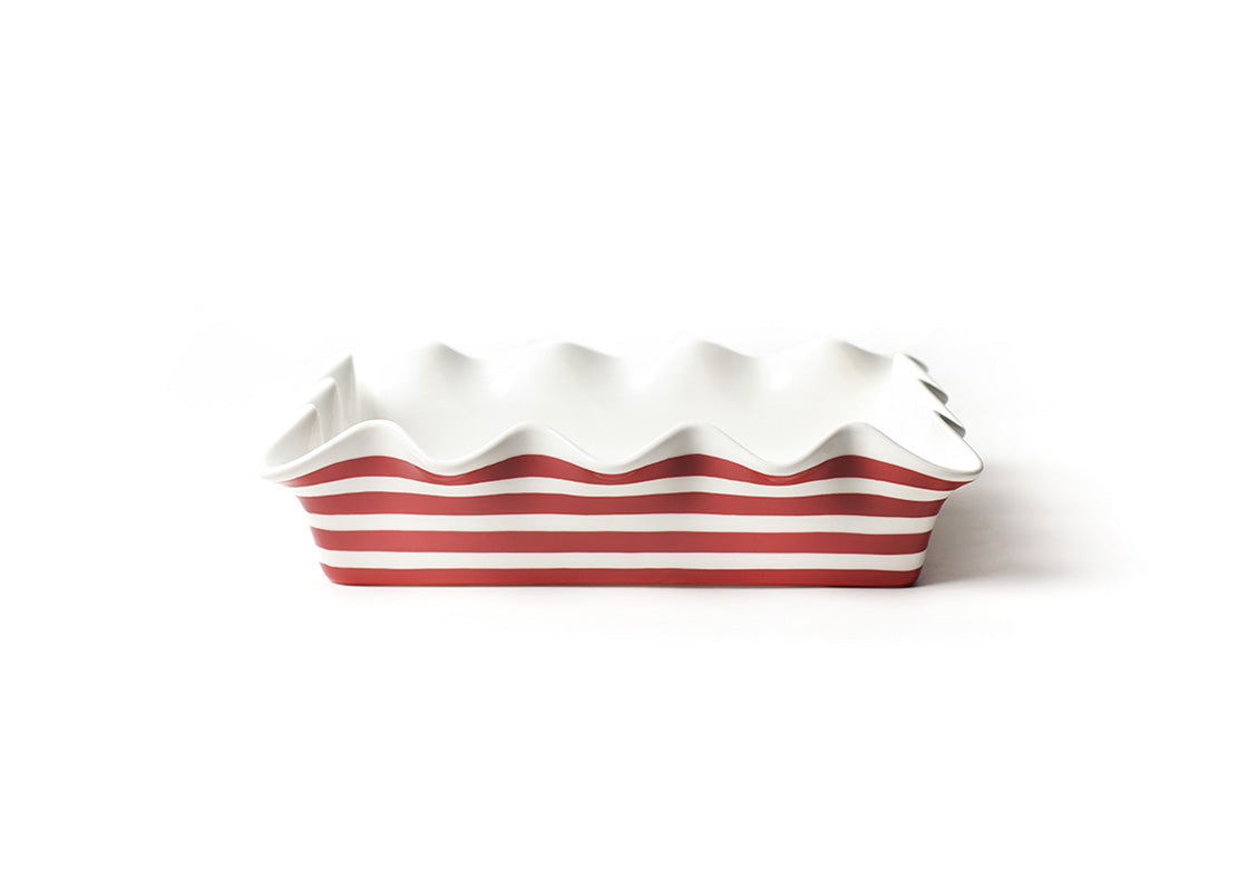 Front View of Red Stripe 13in Ruffle Casserole