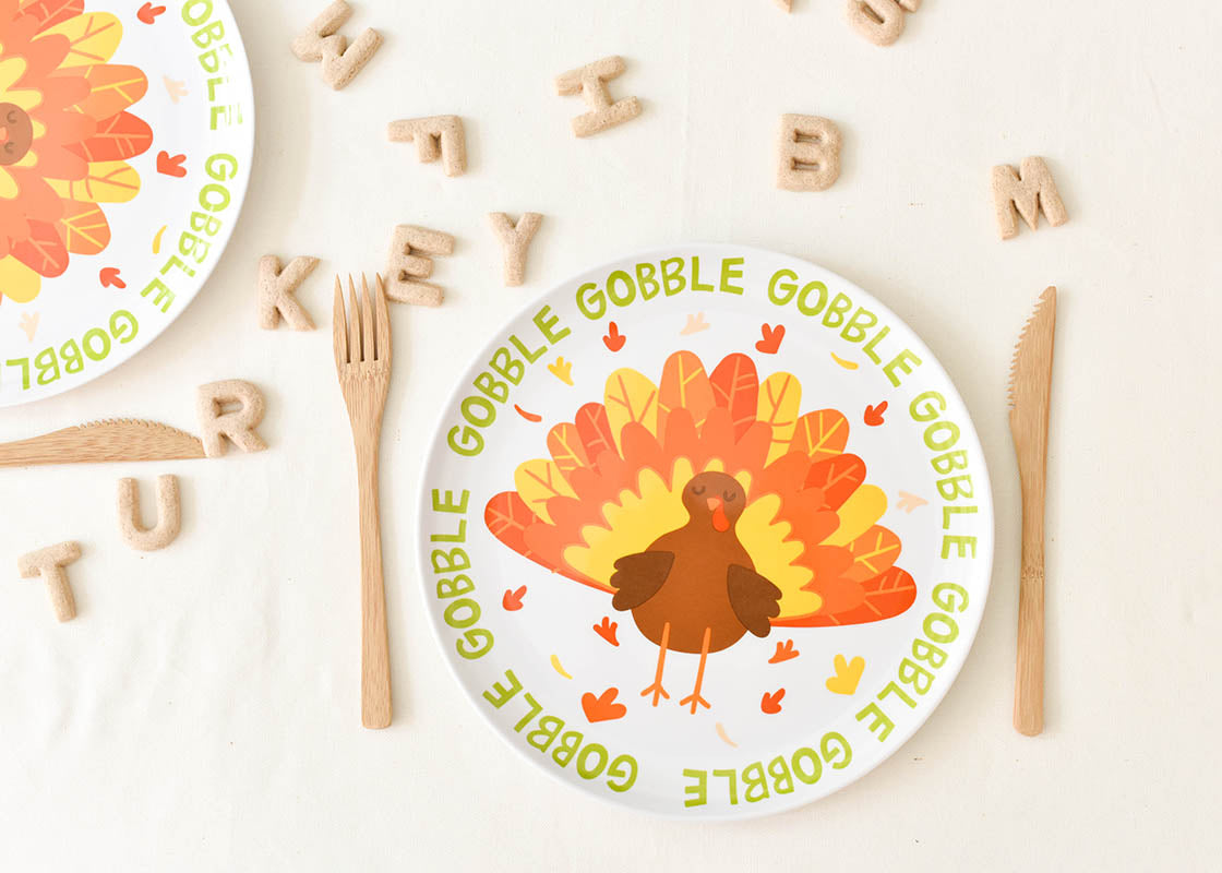 Cropped View of Two Place Settings Using Thanksgiving Turkey Melamine Dinner Plates