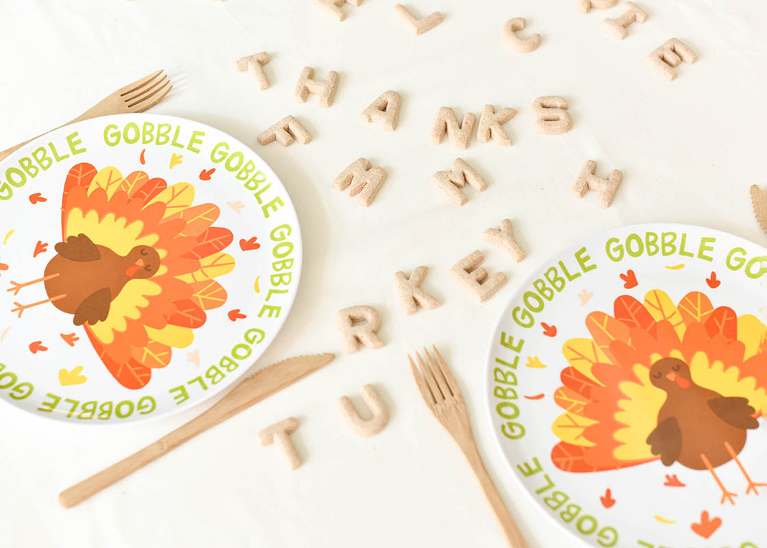 Overhead View of Two Place Settings using Thanksgiving Turkey Melamine Dinner Plates