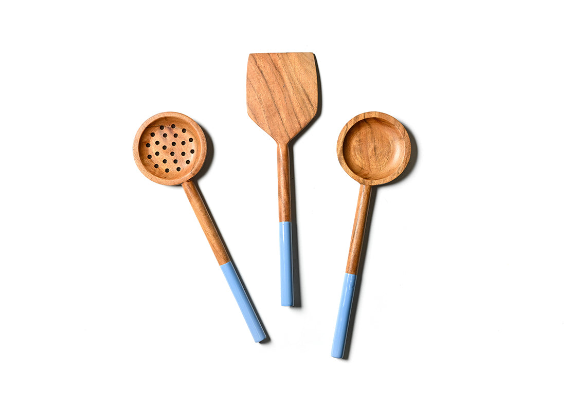 Wooden Utensils with French Blue Enamel Handle 3 Piece Set