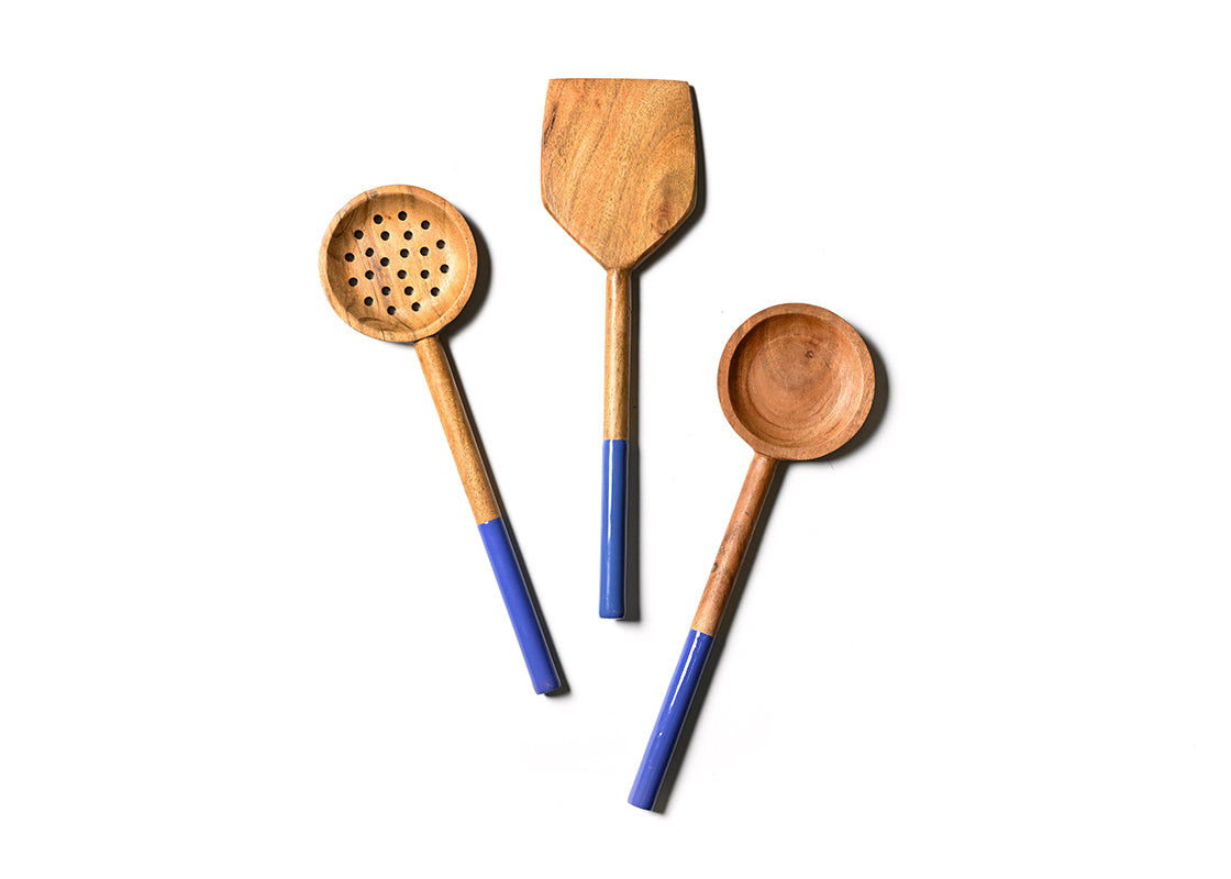 Wooden Utensils with Iris Blue Enamel Handle 3 Piece Set