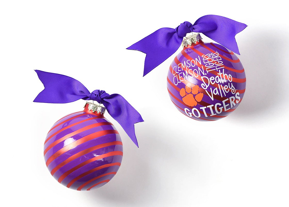 Front and Back View of Clemson Word Collage Glass Ornament Placed Side by Side