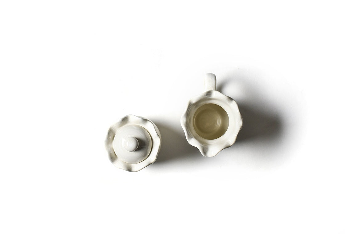 Overhead View of Signature White Ruffle Cream and Sugar Set Showcasing Hand-Painting on Lid and Knob